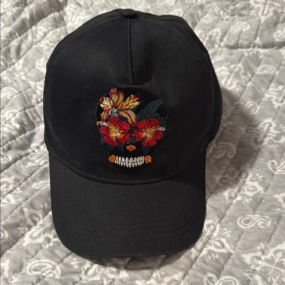 Zara Black Baseball Cap with Colorful Skull